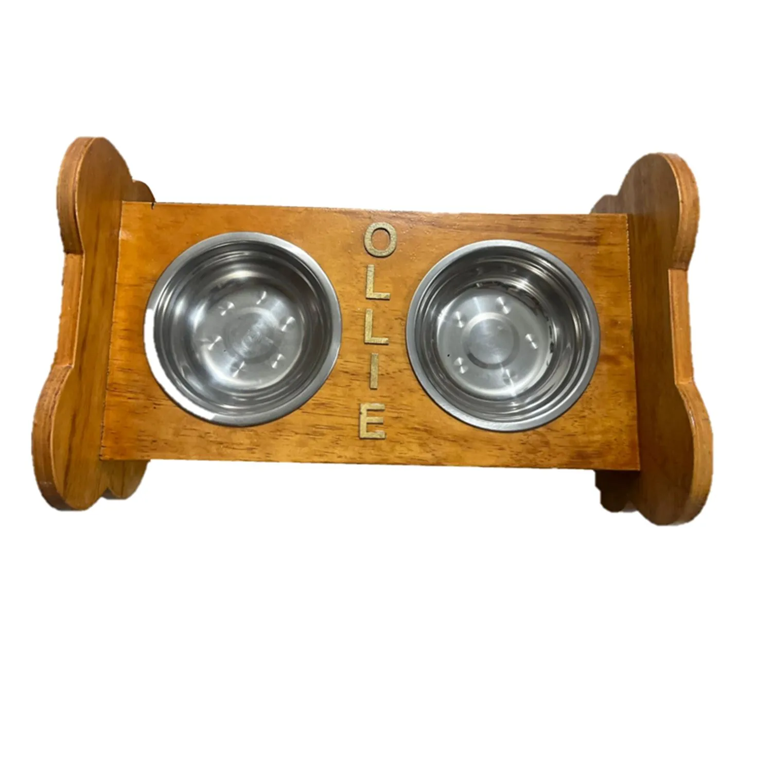 Comedero Para Perro Hueso L Pino-Platos Metalicos Natural Madelau