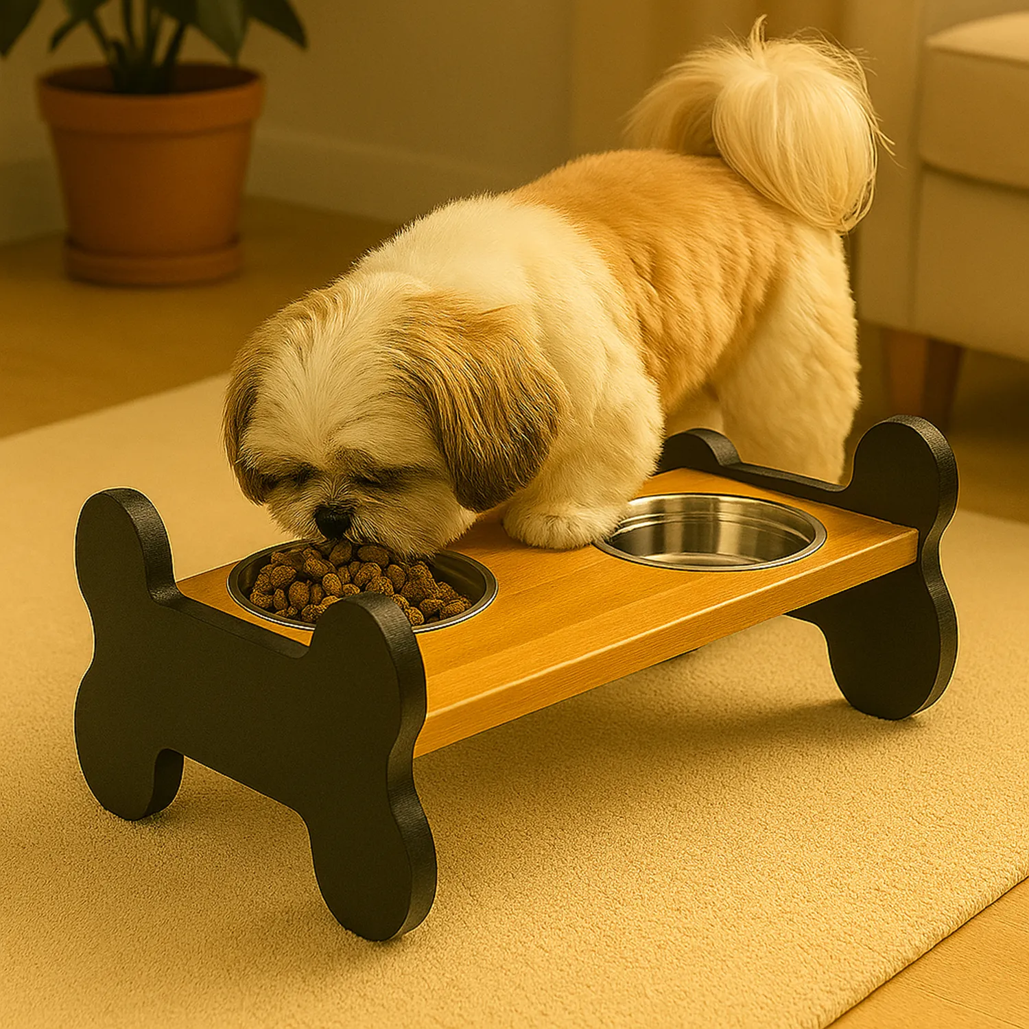 Comedero Para Perro Hueso S Pino-Platos Metalicos Negro Madelau