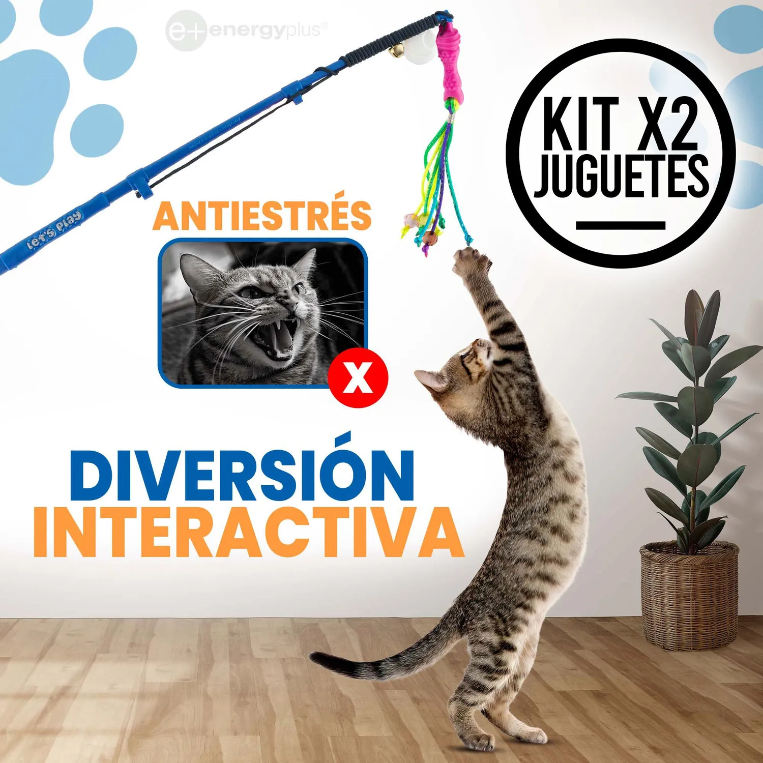 2 Cañas De Pescar Juego Para Gatos Con Señuelo Lazo Cascabel