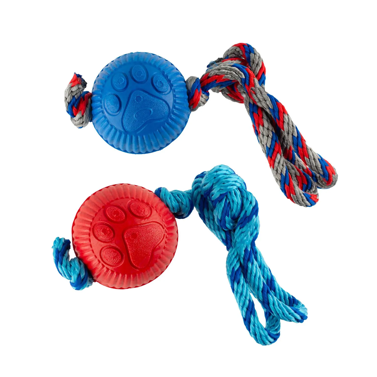 2 Juguetes Para Perro Con Pelota y Cuerda Medianos Azul Rojo
