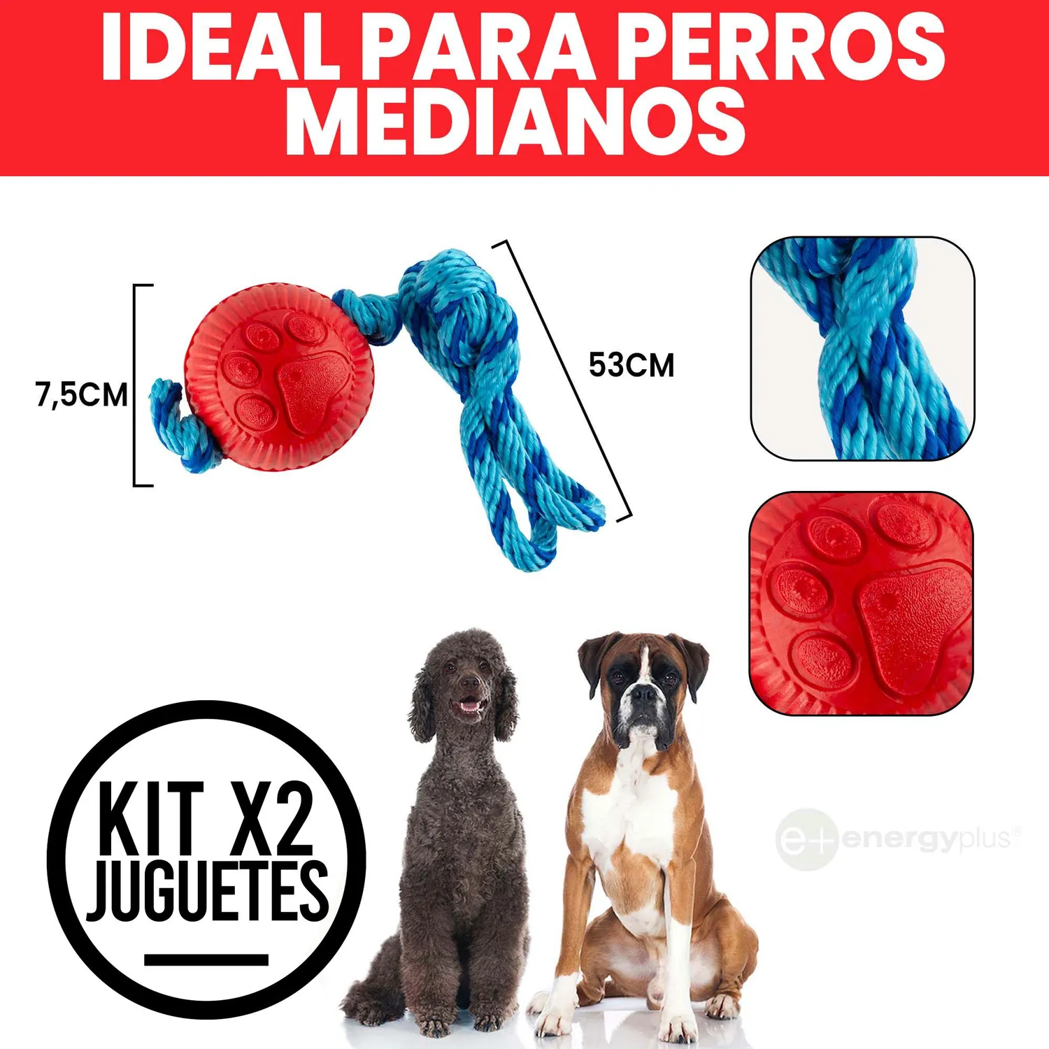 2 Juguetes Para Perro Con Pelota y Cuerda Medianos Azul Rojo 5