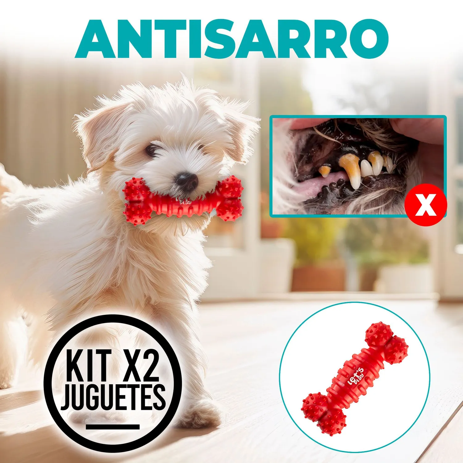 2 Huesos Para Perro De Goma Antisarro Mediano Azul Rojo