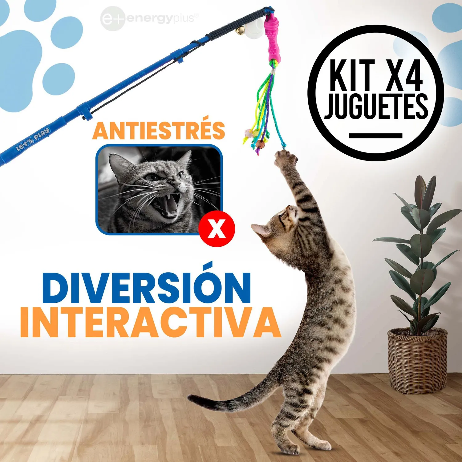 4 Cañas de Pescar Juego para Gatos Con Señuelo. Lazo. Cascabel