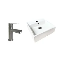 Kit Lavamanos Sobreponer Foi 38X38+Grifería Mezclador Acero Inox