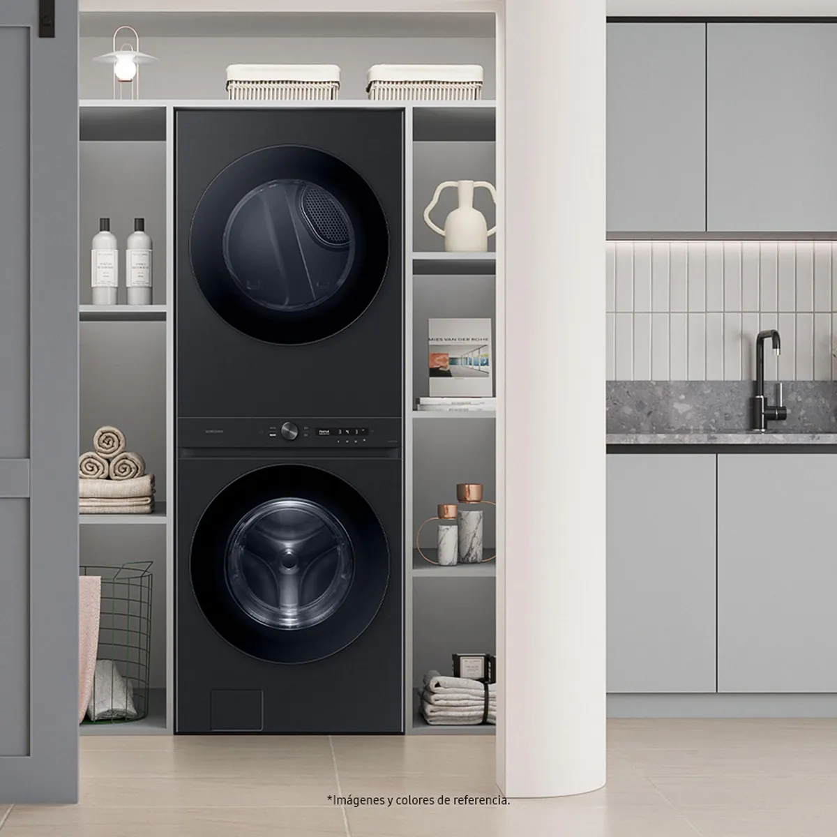 SAMSUNG - Torre de Lavado y Secado Samsung Bespoke Laundry Hub™ 22 Kg WH22DBH570GVCO Negro con Dispensador de Automático de Jabón-Suavizante y Wi-Fi