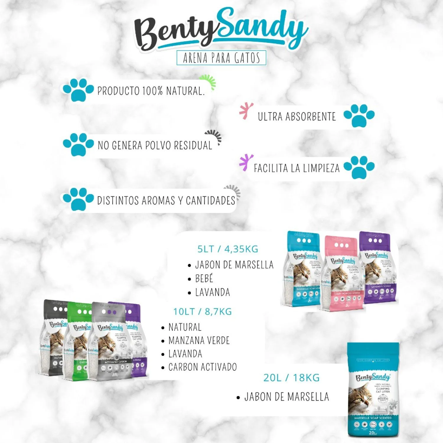 Arena Sanitaria Gato Aglomerante Absorbente Bentonita  Bentysandy  Jabón Mar 18Kg 3