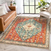 Alfombra Bohemia Cuadrada 2.44m x 2.44m con Diseño Geométrico en Azul Turquesa y Rojo