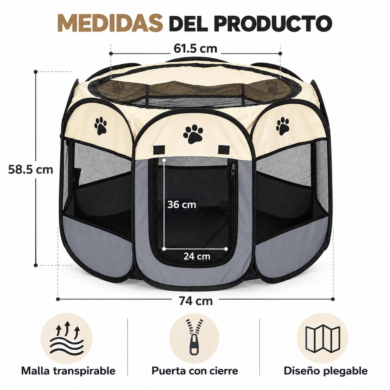 Corral Para Mascotas Portátil 80X74X58Cm Mediano Gris 3