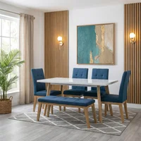 Comedor Seul 6 puestos 4 sillas 1 butaco Blanco Natural Tela Indigo