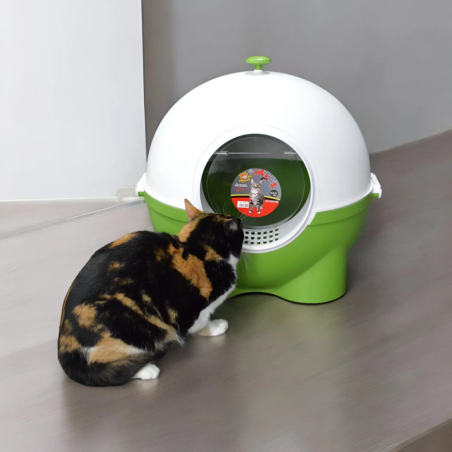 Arenera cubierta plastica globo+pala para gatos verde 53x50cm colmascotas