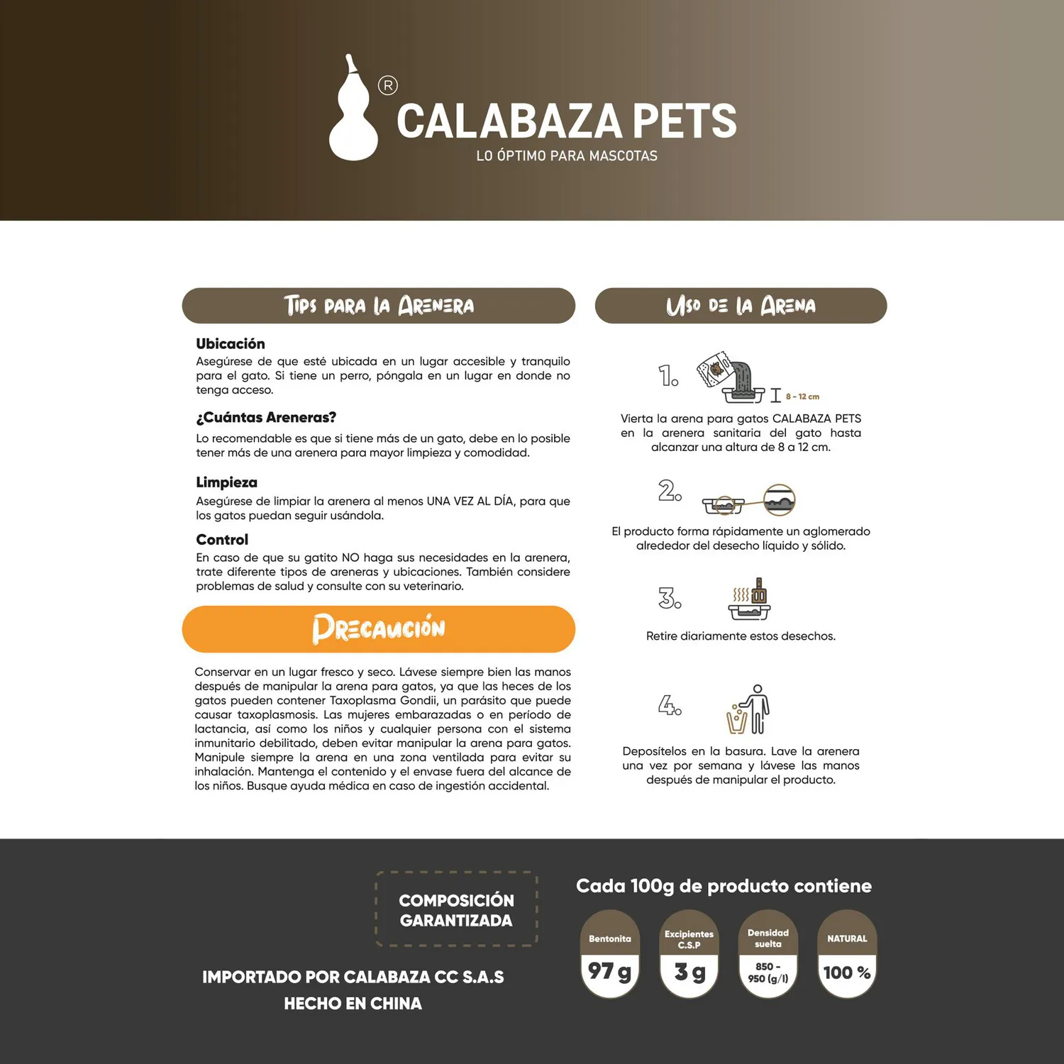 Arena Sanitaria Gato Aglomerante Bentonita  Calabaza Pets Cafe 10 kg