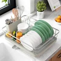 Escurridor Compacto de Platos Gris Claro con Porta Cubiertos y Base Antideslizante