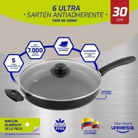 Sartén 6 Ultra en Aluminio 1.8mm de Espesor Antiadherente Tapa Vidrio 30cm 3.4 Litros Libre de PFOA Negro Universal