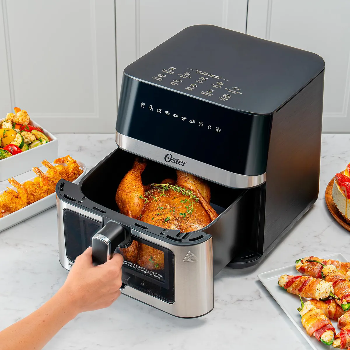 OSTER - Freidora de Aire Digital, Recubrimiento Oster DiamondForce, con Ventana y Luz Interna, 7.5 Litros de Capacidad, con 10 Programas Automáticos