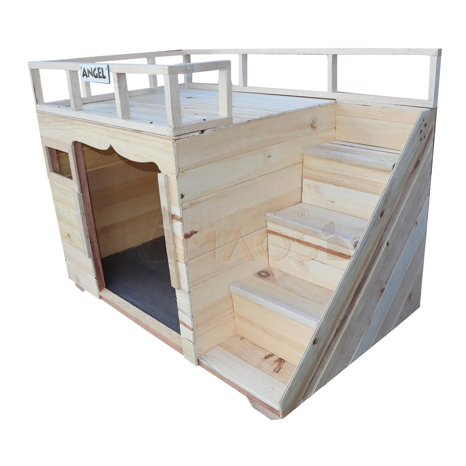 Casa para Perro en Madera Pino Natural con Terraza
