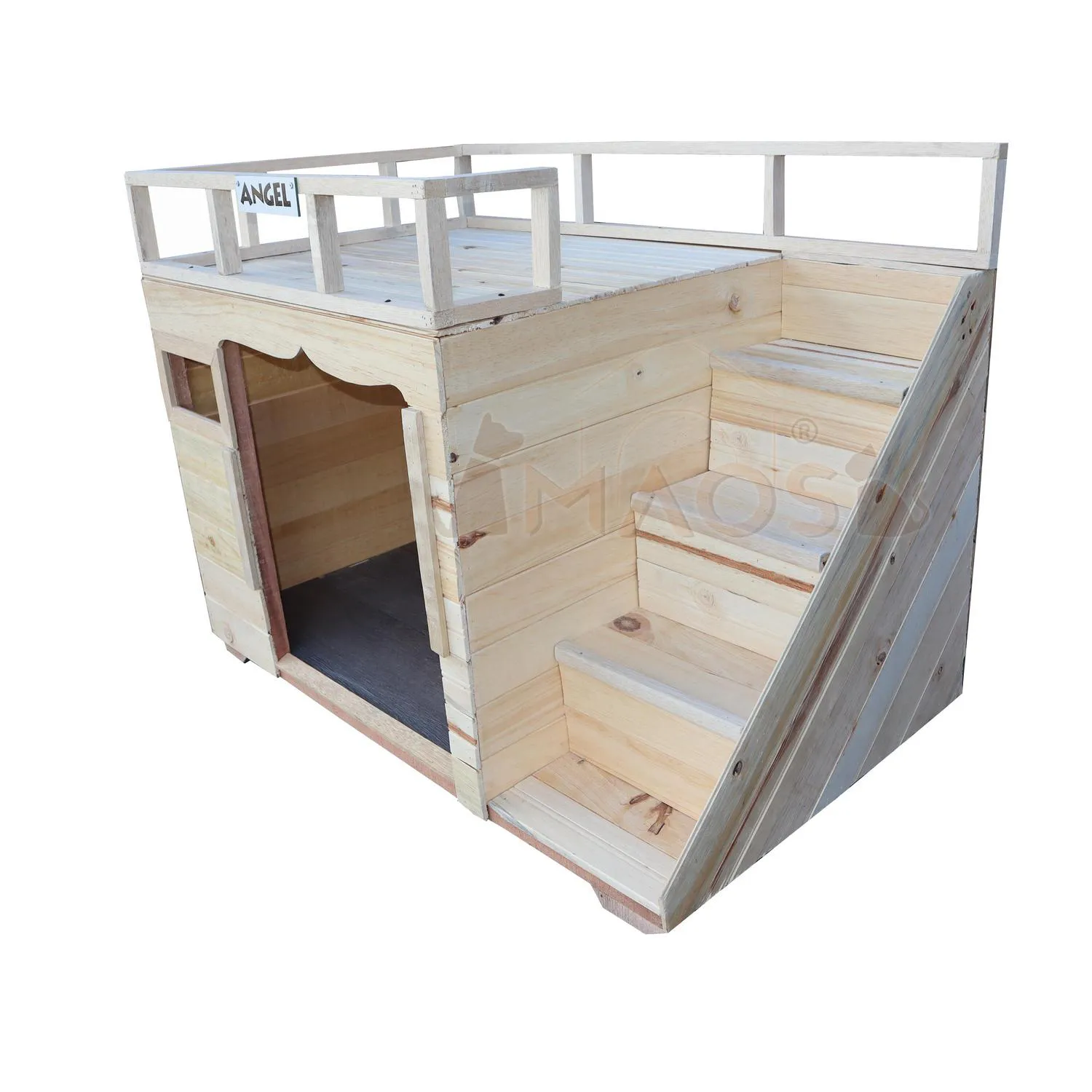 Casa para Perro en Madera Pino Natural Grande con Terraza