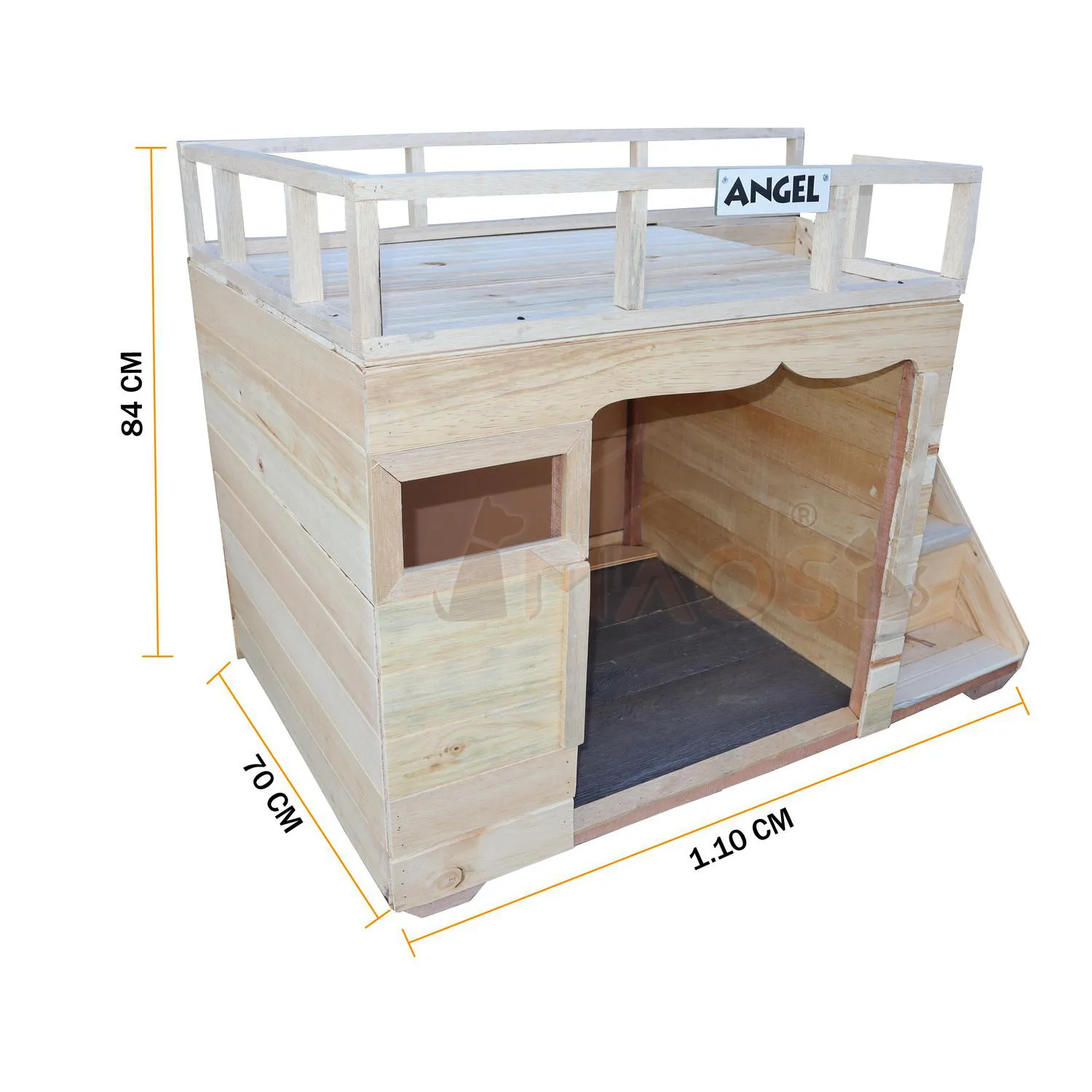 Casa para Perro en Madera Pino Natural Grande con Terraza