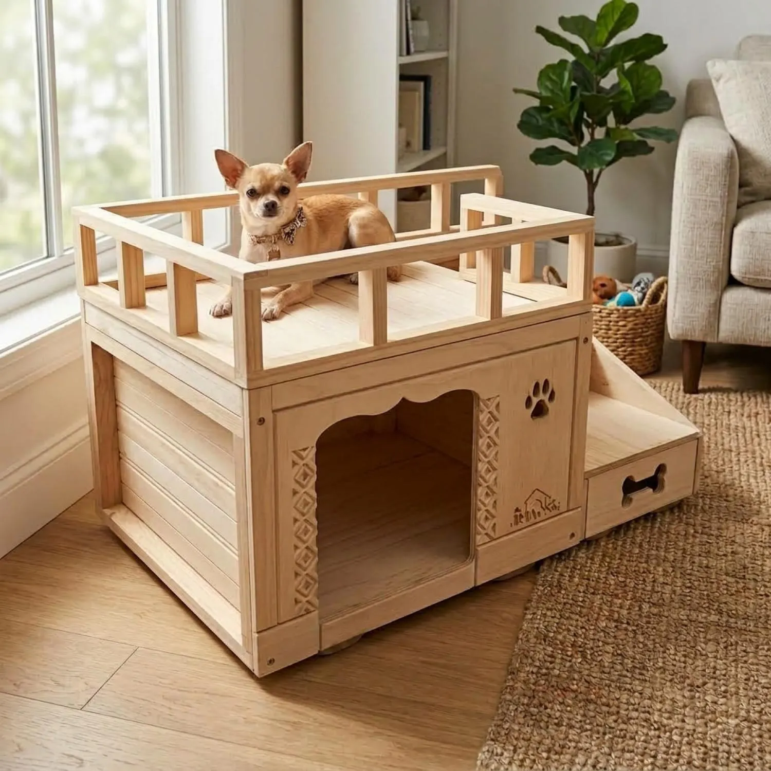 Casa Para Perro con Terraza en Madera Pino Pequeña