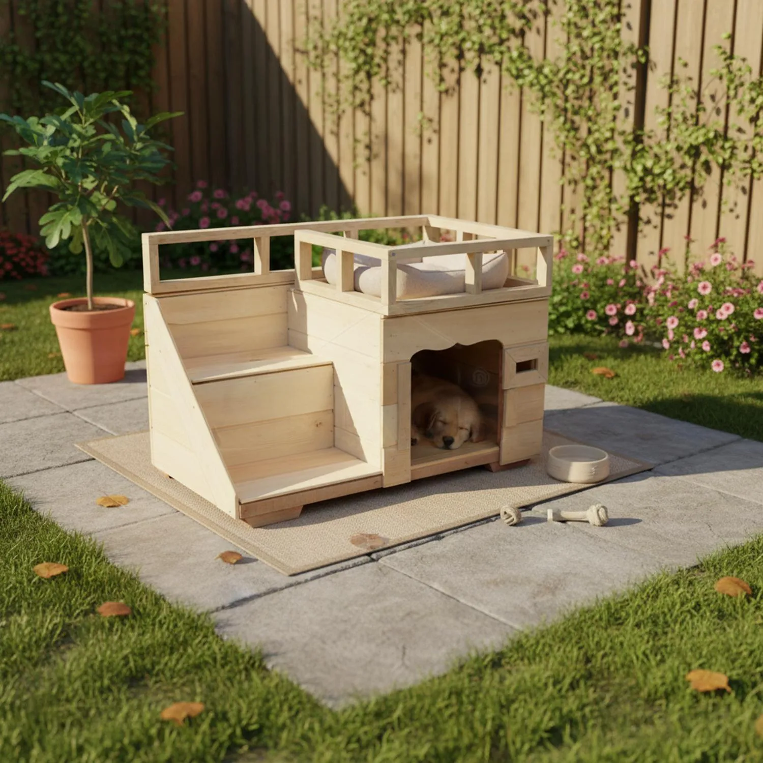 Casa Para Perro con Terraza en Madera Pino Pequeña 7