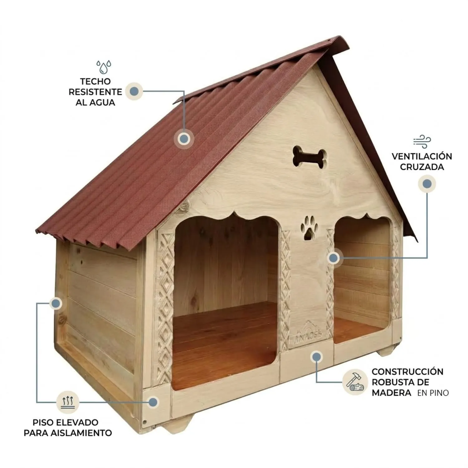 Casa para Perro Doble En Madera Pino 150x120 cm Grande Natural 5