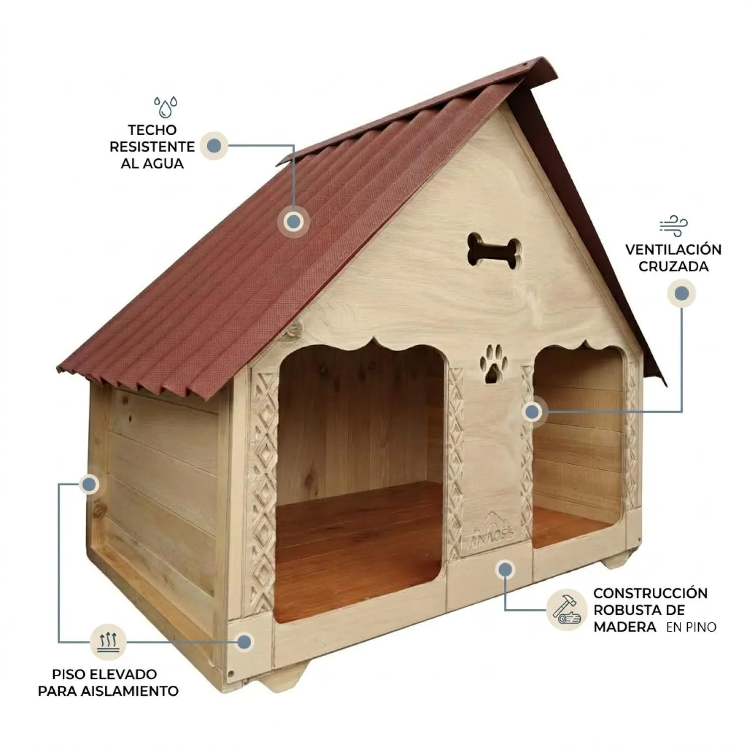 Casa para Perro Doble En Madera Pino Grande 150x120 cm 5