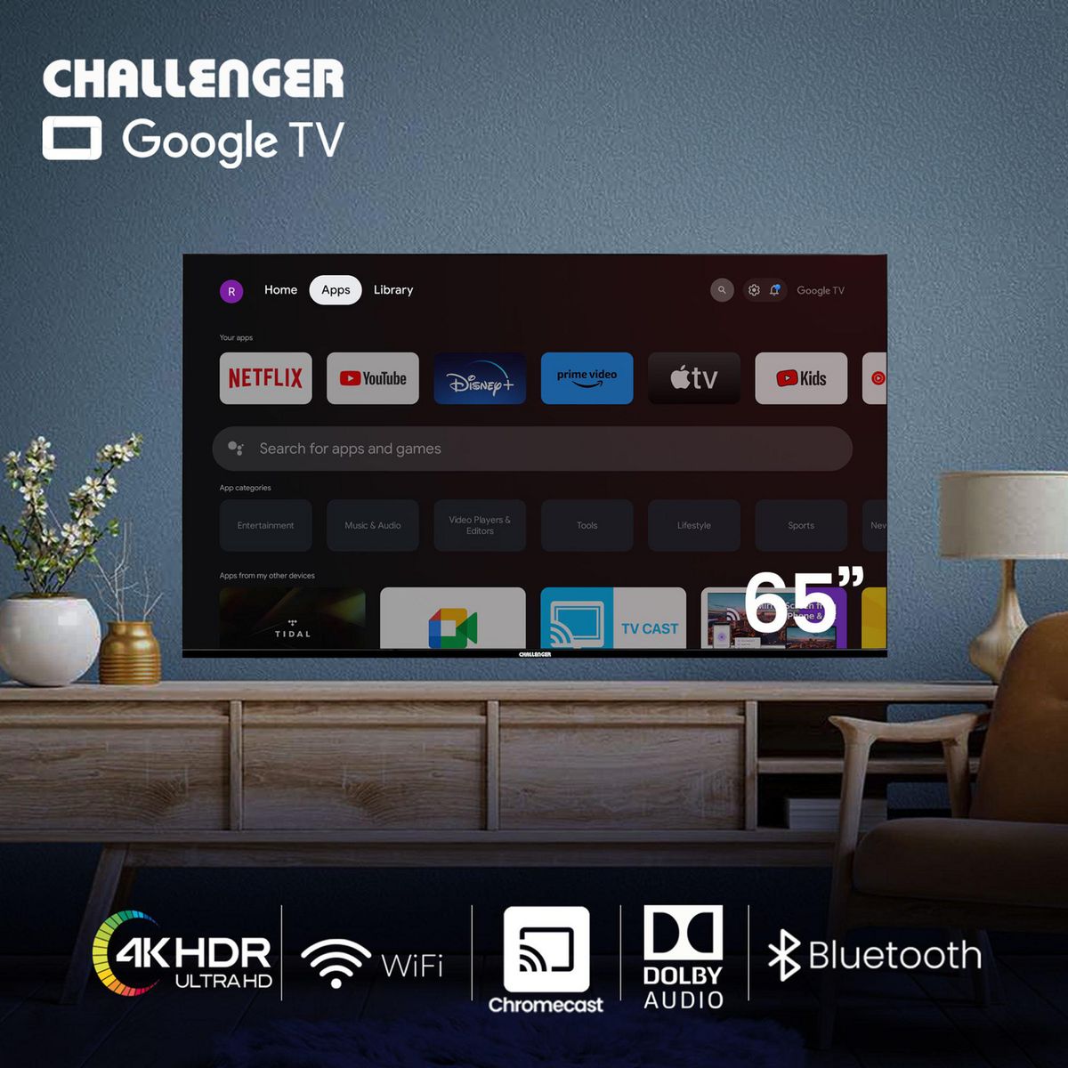 CHALLENGER - Televisor 65 Pulgadas UHD Bluetooth 65kg85bt Negro
