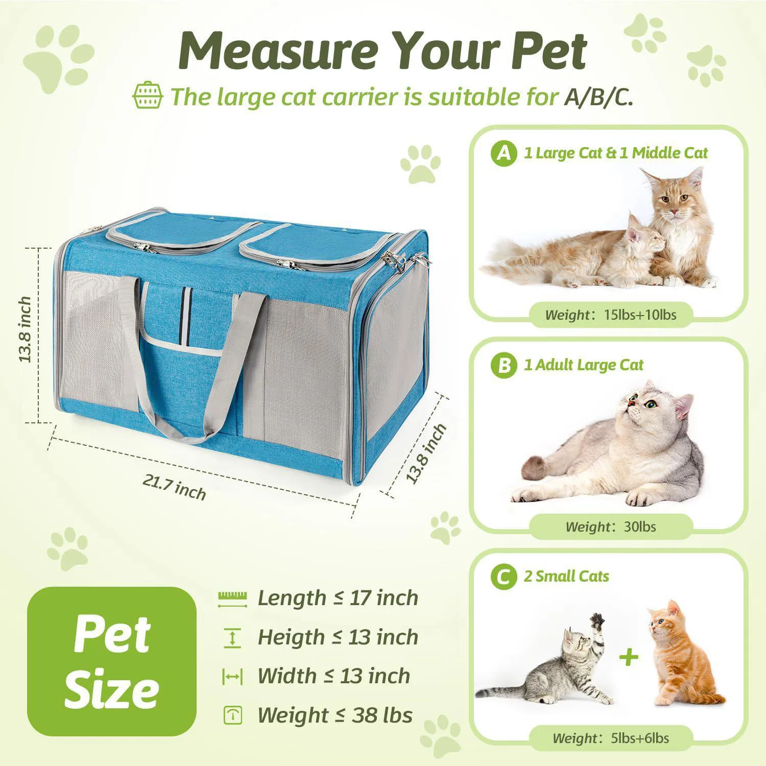 Guacal Ventilado para Gatos Ideal para 2 Gatos de 55 x 35 x 35 cm Color Azul