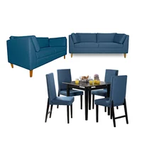 Juego de Sala Orión sofá 2 Puestos Azul + Comedor 4 Puestos + Sofá 3 Puestos Azul
