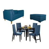 Juego de Sala Plutón sofá 2 Puestos Azul + Comedor 4 Puestos + Baúl Tapizado Azul