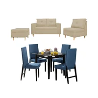 Juego de Sala Multifuncional sofá 2 Puestos Beige + Poltrona Beige + Puff Beige + Comedor 4 Puestos