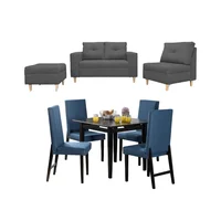 Juego de Sala Multifuncional sofá 2 Puestos Gris + Poltrona Gris + Puff Gris + Comedor 4 Puestos