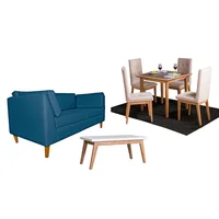 Juego de Sala Mini Neptuno sofá 3 Puestos Azul + Comedor 4 Puestos + Mesa Auxiliar