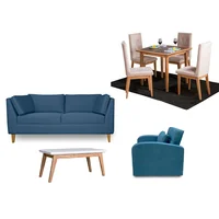 Juego de Sala Neptuno sofá 3 Puestos Azul + Comedor 4 Puestos + Mesa Auxiliar + Poltrona Cama Azul