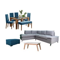 Juego de Sala Primavera sala en L 5 Puestos + Comedor 6 Puestos Azul + Mesa Auxiliar + Baúl Azul