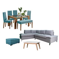 Juego de Sala Primavera sala en L 5 Puestos + Comedor 6 Puestos Turquesa + Mesa Auxiliar + Baúl Turquesa
