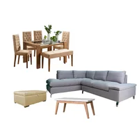 Juego de Sala Primavera sala en L 5 Puestos + Comedor 6 Puestos Beige + Mesa Auxiliar + Baúl Beige