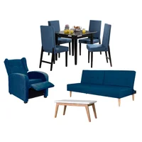 All Star Juego de Sala Otoño sofá Cama Azul + Comedor 4 Puestos + Mesa Auxiliar + Sillón Reclinable Azul