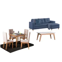 Juego de Sala Verano sala En L Azul Izquierda + Comedor 4 Puestos + Mesa Auxiliar