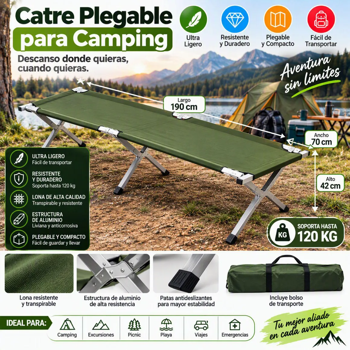 Catre Plegable Para Camping en Lona y Estructura Aluminio Klimber ...