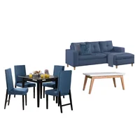 Juego de Sala Invierno sala en L Azul Izquierda + Comedor 4 Puestos + Mesa Auxiliar