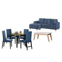 Juego de Sala Invierno sala en L Azul Derecha + Comedor 4 Puestos + Mesa Auxiliar