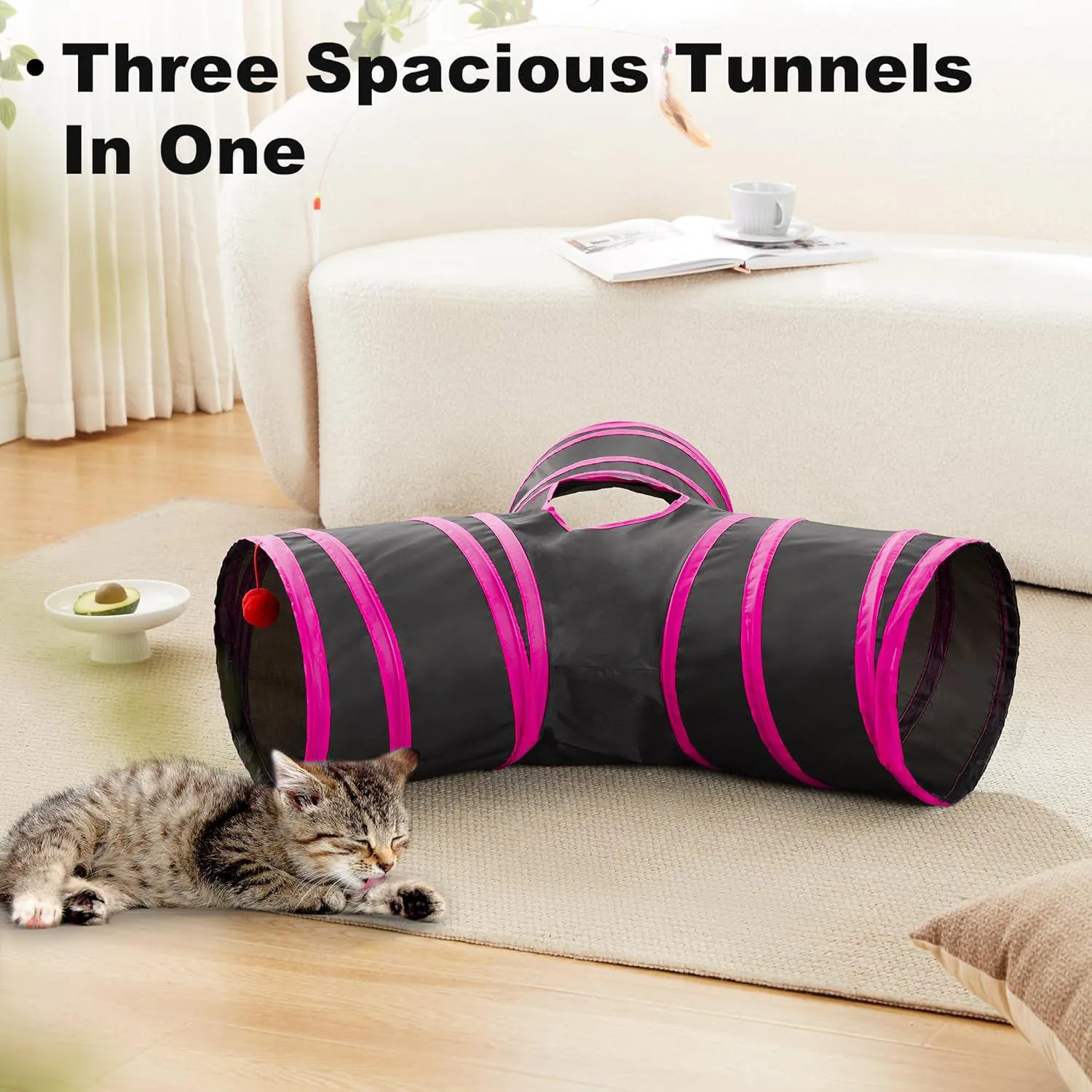 Túnel Plegable de 3 Vías Love's Cabin para Gatos con Bola Colgante y Mirilla Color Rojo