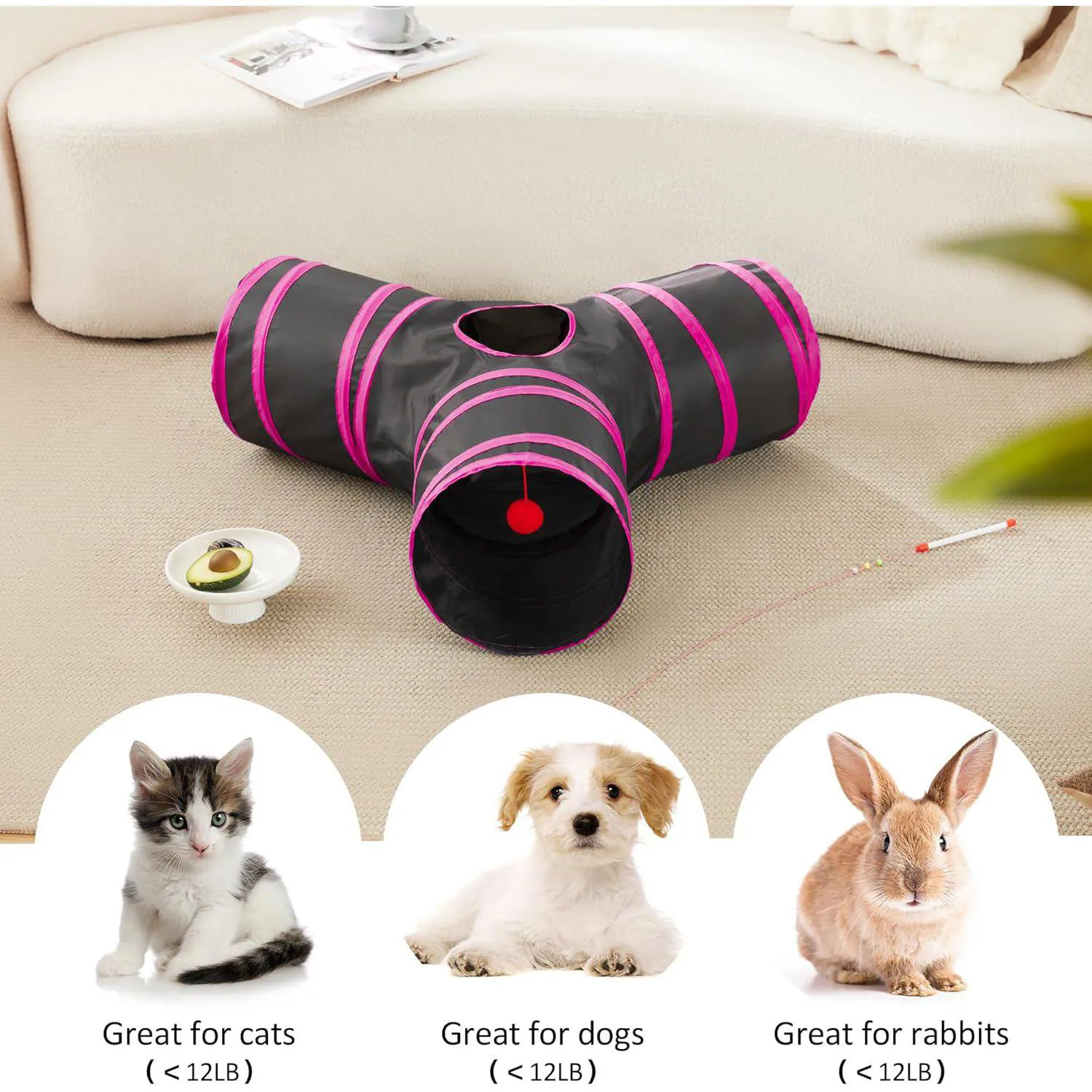 Túnel Plegable de 3 Vías Love's Cabin para Gatos con Bola Colgante y Mirilla Color Rojo 3