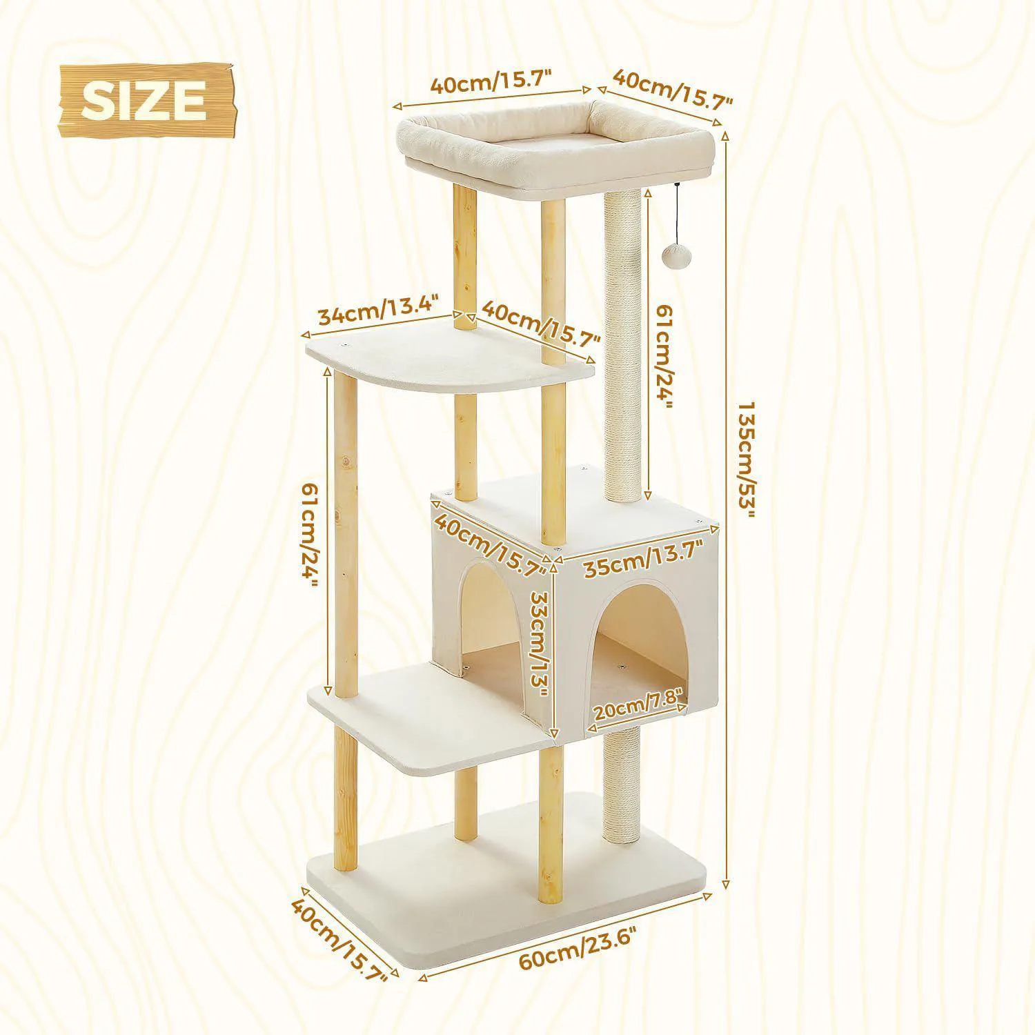 Gimnasio para Gatos PAWZ Road en Madera de 135 cm con Postes y Cama