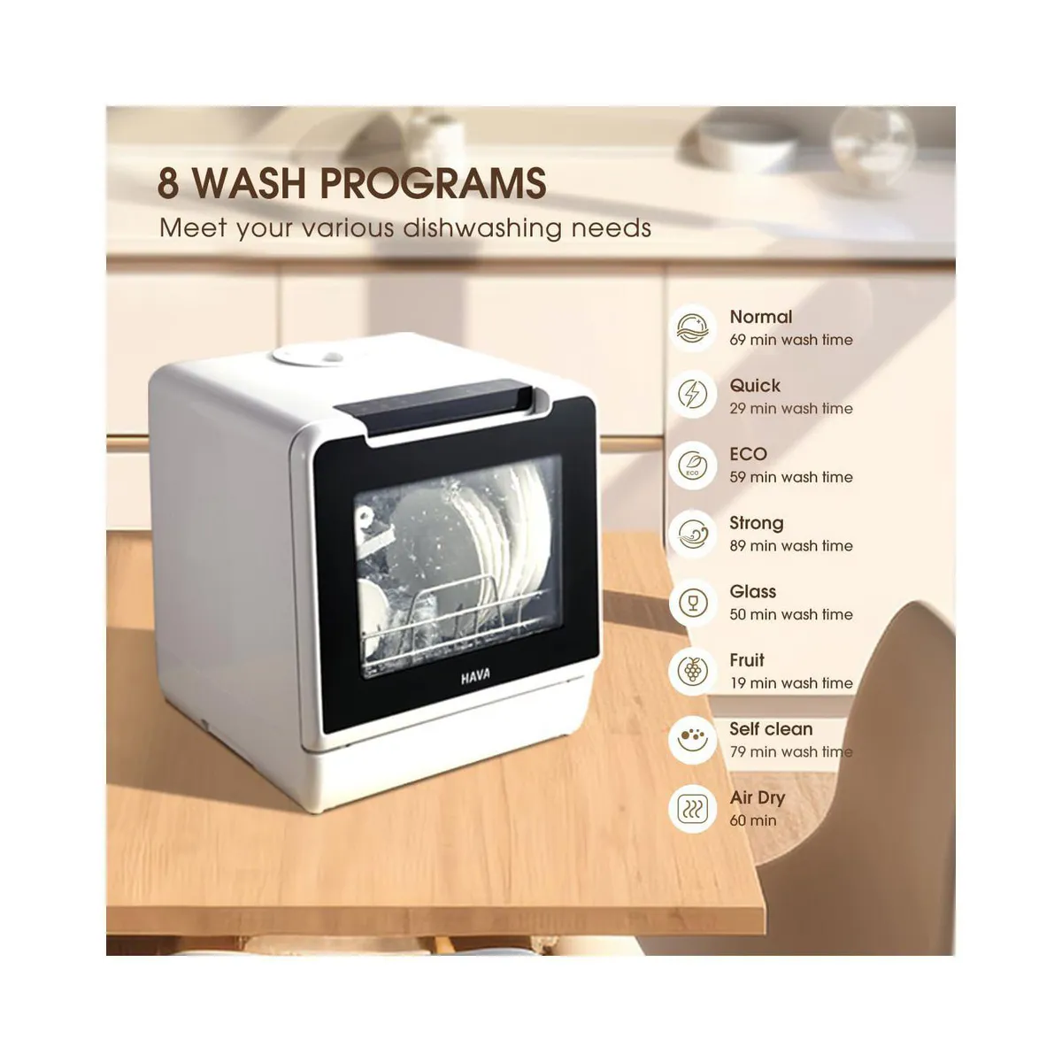 HAVA - Lavavajillas Portátil HAVA 8 Programas con Tanque de Agua Integrado