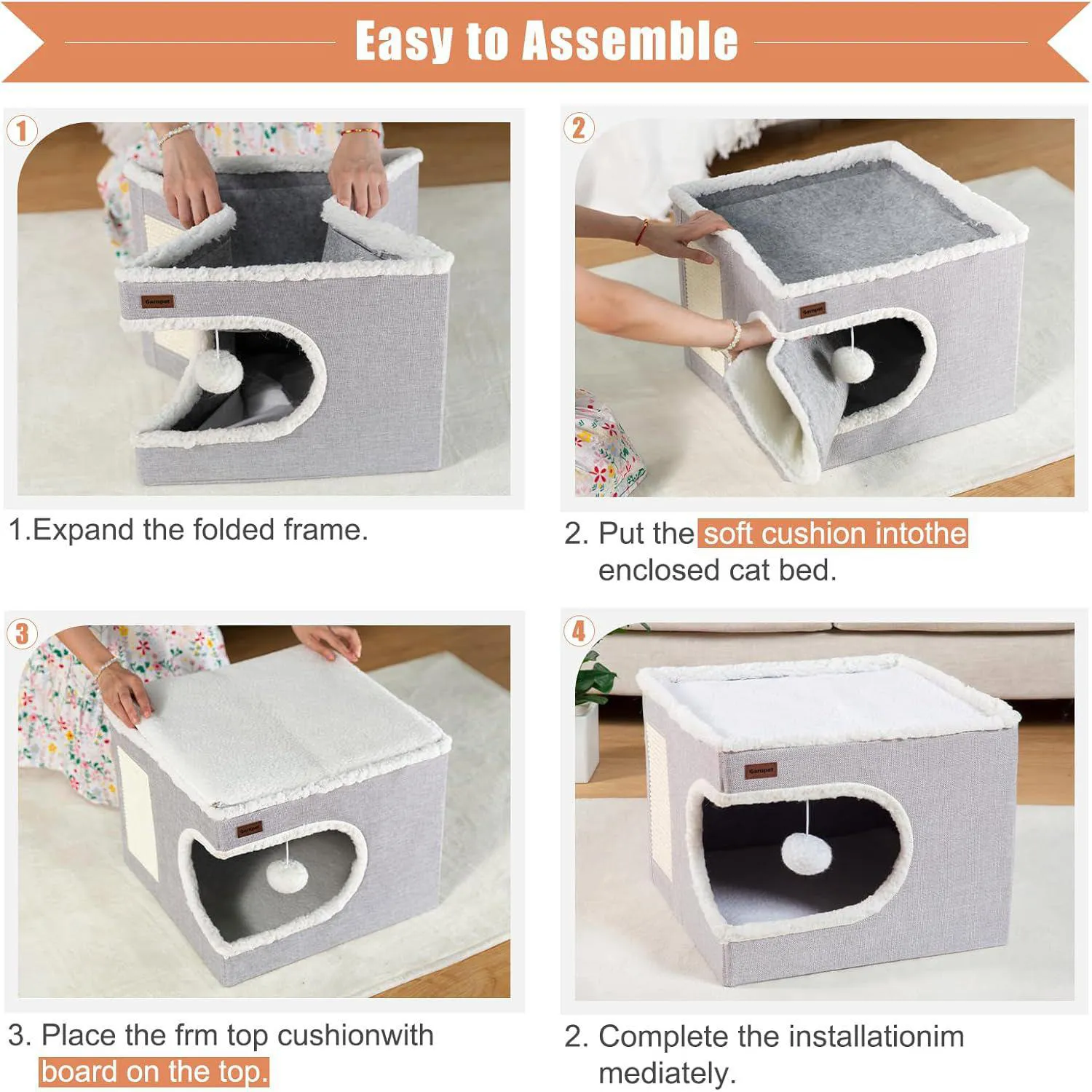 Cama Cubo para Gatos Garnpet con Rascador y Juguete Colgante 4