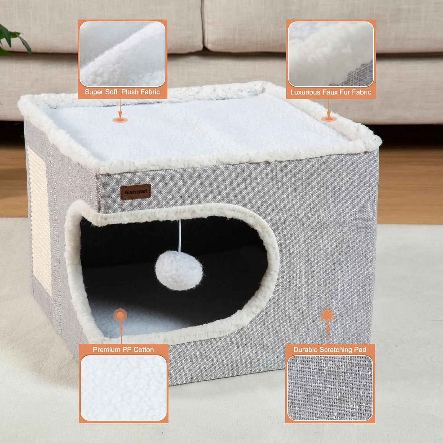 Cama Cubo para Gatos Garnpet con Rascador y Juguete Colgante 6