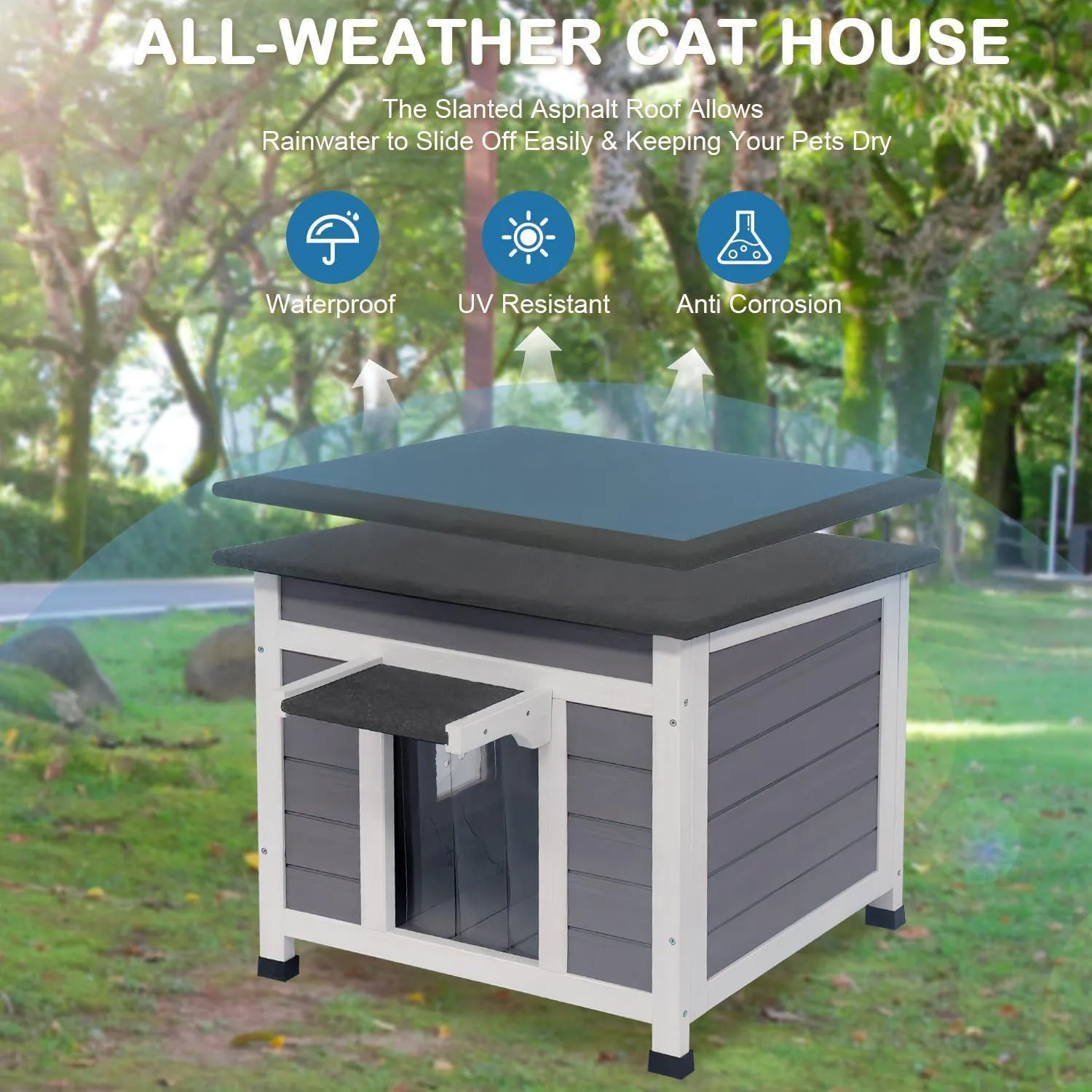 Casa de Madera para Gatos al Aire Libre con Aislamiento y Techo Impermeable 3