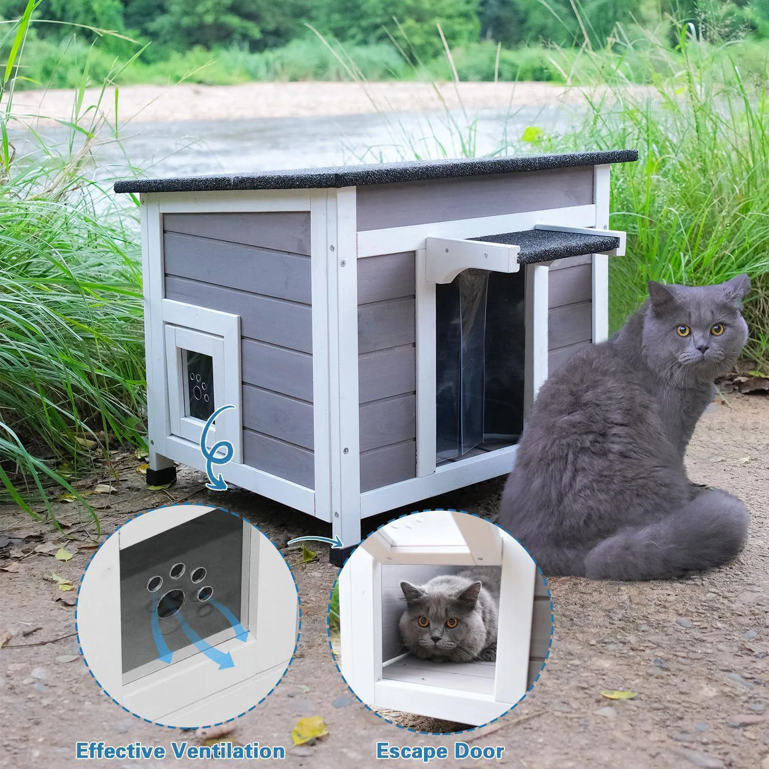 Casa de Madera para Gatos al Aire Libre con Aislamiento y Techo Impermeable 5