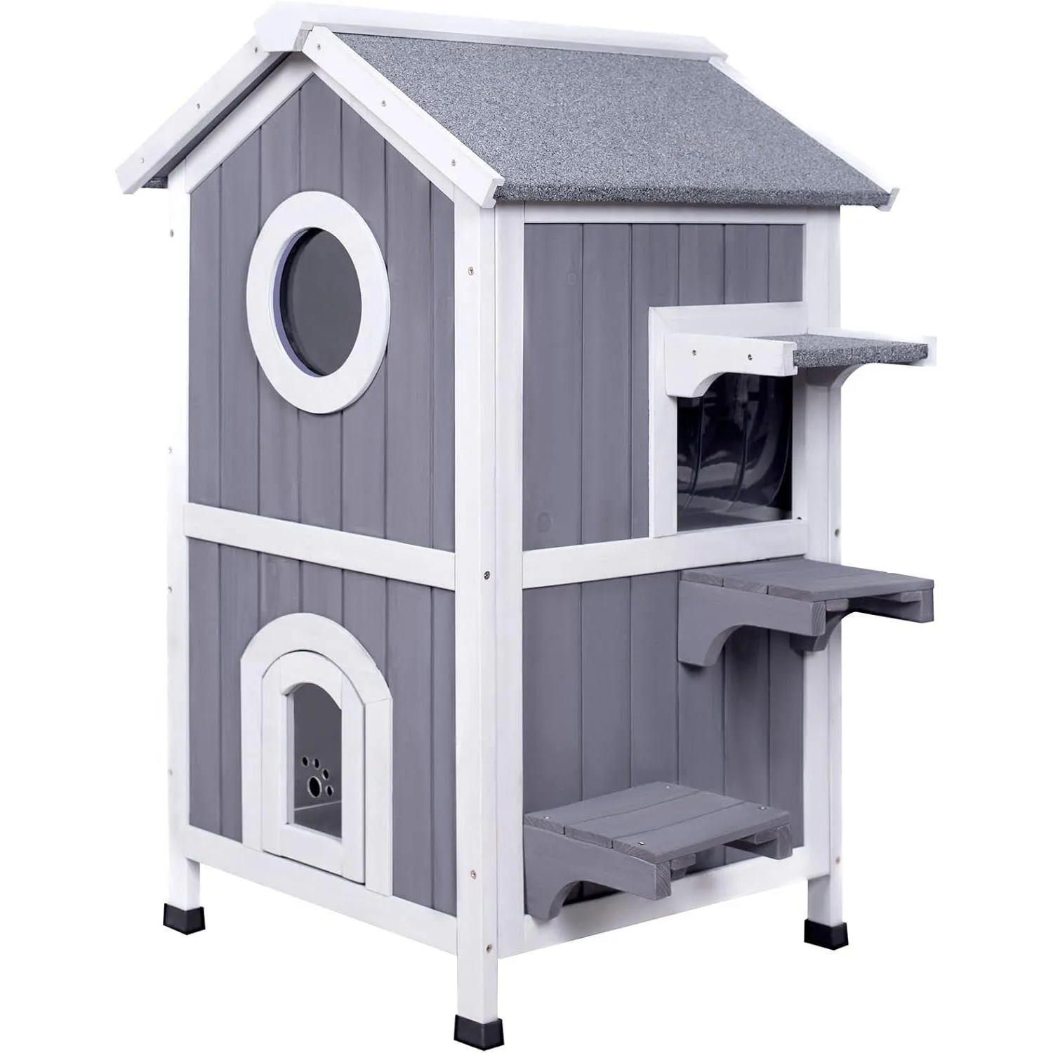 Casa Para Gatos De Madera Con Techo Abatible Dos Pisos y Balcón Exterior